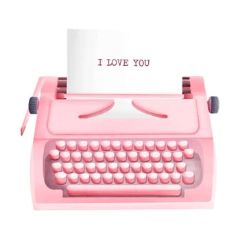 Pink Pastel Typewriter Cute Romantic Watercolor Clipart PNG. Paris In Love collection with lovely pink typewriter for romantic design element, love art, wedding watercolor illustration.