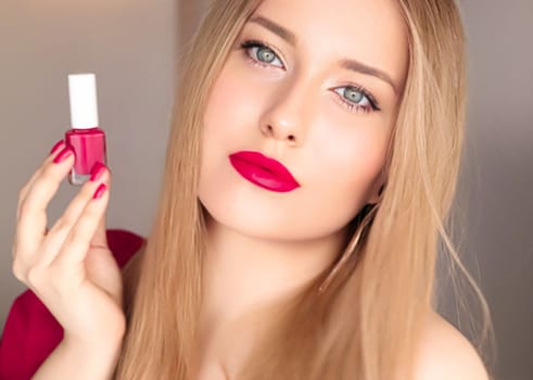 Beauty product, makeup and cosmetics, face portrait of beautiful woman with nail polish, manicure and matching pink lipstick make-up for luxury cosmetic, style and fashion.