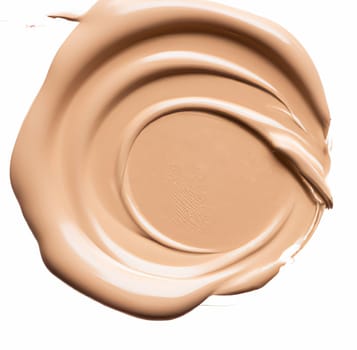 Beauty swatch and cosmetics texture, circle round beige liquid cosmetic foundation sample isolated on white background, generative AI.