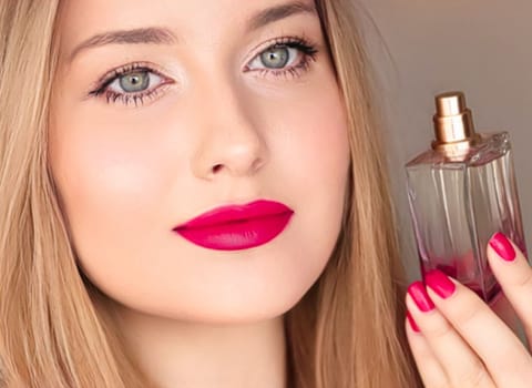 Beauty product, perfume and cosmetics, face portrait of beautiful woman with perfume or fragrance bottle of floral scent for luxury cosmetic, glamour and fashion.