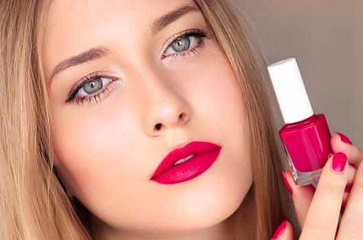 Beauty product, makeup and cosmetics, face portrait of beautiful woman with nail polish, manicure and matching pink lipstick make-up for luxury cosmetic, style and fashion.