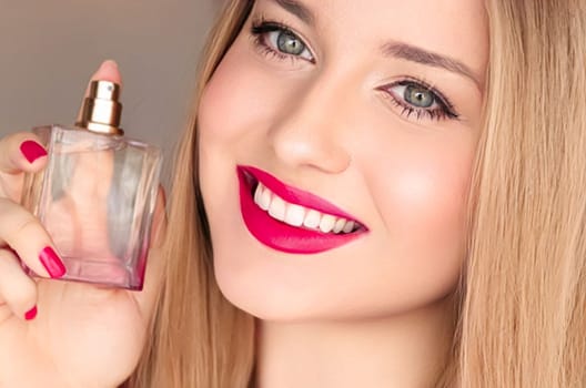 Beauty product, perfume and cosmetics, face portrait of beautiful woman with perfume or fragrance bottle of floral scent for luxury cosmetic, glamour and fashion.