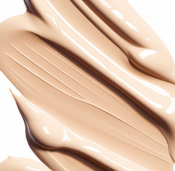 Beauty swatch and cosmetics texture, beige liquid cosmetic foundation smudge isolated on white background, generative AI.