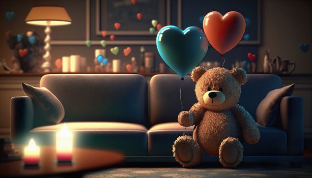 Teddy bear with a magic heart and a balloon, candle, magic shiny background in cozy living room. Background for greeting card Happy Birthday. Download image