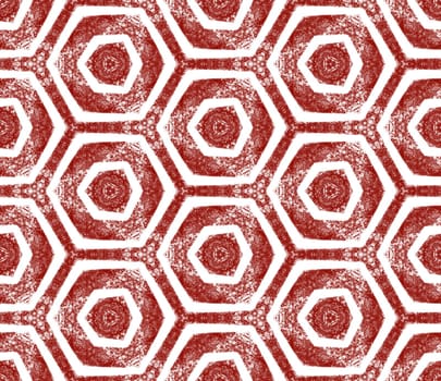 Exotic seamless pattern. Maroon symmetrical kaleidoscope background. Textile ready immaculate print, swimwear fabric, wallpaper, wrapping. Summer swimwear exotic seamless design.