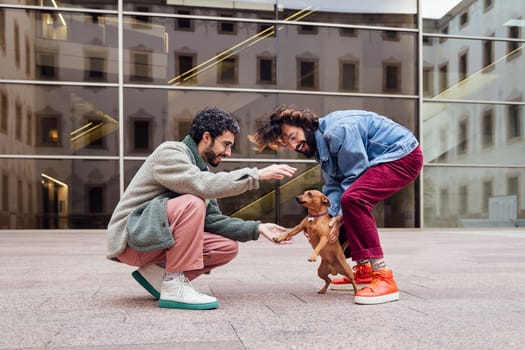 male couple playing happy with their naughty little dog on the street, concept of family lifestyle with pets and love between people of the same sex, copy space for text