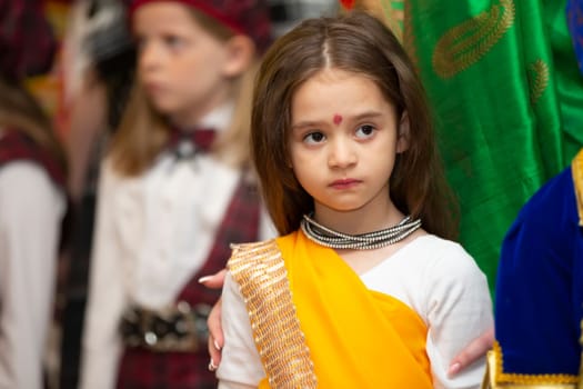 Belarus, city of Gomil, May 21, 2021. People's Friendship Day.Little Indian girl in national dress.