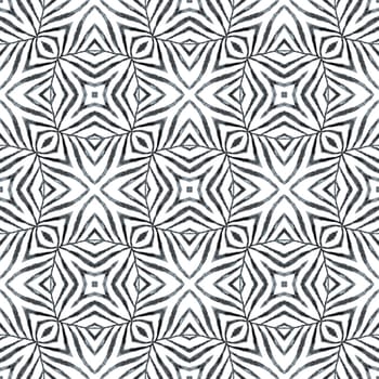 Textile ready artistic print, swimwear fabric, wallpaper, wrapping. Black and white surprising boho chic summer design. Tiled watercolor background. Hand painted tiled watercolor border.