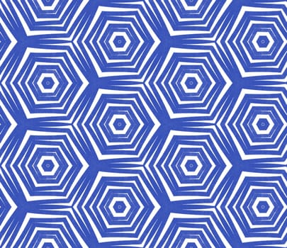 Ikat repeating swimwear design. Indigo symmetrical kaleidoscope background. Textile ready cute print, swimwear fabric, wallpaper, wrapping. Summer ikat sweamwear pattern.