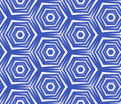 Ikat repeating swimwear design. Indigo symmetrical kaleidoscope background. Textile ready cute print, swimwear fabric, wallpaper, wrapping. Summer ikat sweamwear pattern.