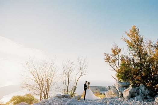 Groom hugs bride among the stones on top of the mountain. High quality photo
