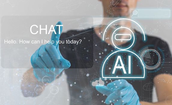 Chat with AI or Artificial Intelligence. Young businessman chatting with a smart AI or artificial intelligence using an artificial intelligence chatbot developed by AI