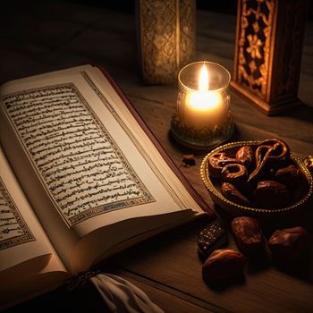 opened quran book near a candle and sweet dates. High quality illustration
