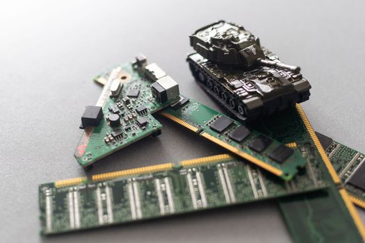 computer chips and a toy tank.