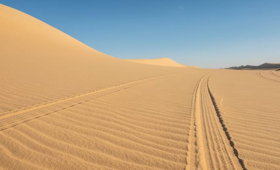 Landscape scenic view of desolate barren sandy desert with vehicle tracks