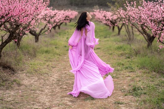 A woman in a long pink dress walks in the park, in a peach orchard. Large blooming peach orchard