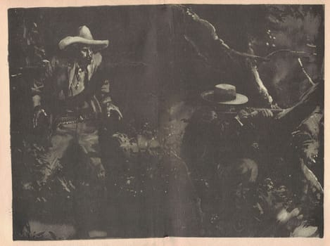 Black and white illustration shows the assault of one man by another. Drawing shows the Wild West. Vintage black and white picture shows adventure life in the previous century.