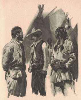 Black and white illustration shows a Mexican with a sombrero, an American Indian and the prisoner. Drawing shows the Wild West. Vintage black and white picture shows adventure life in the previous century.