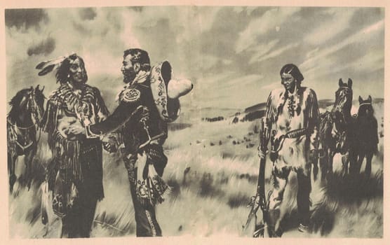 Black and white illustration shows Mexican welcomes an American Indian. Drawing shows American Indians in the Old West. Vintage black and white picture shows adventure life in the previous century.