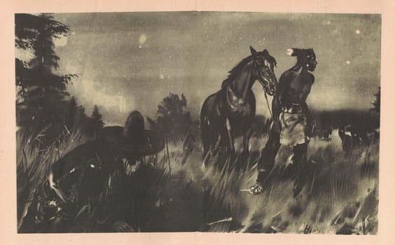 Black and white illustration shows an American Indian with a horse at night. Drawing shows an American Indian in the Old West. Vintage black and white picture shows adventure life in the previous century.