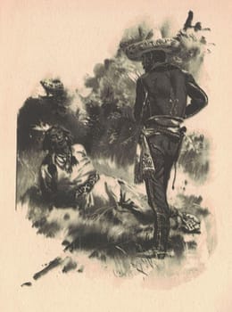 Black and white illustration shows a Mexican with a sombrero and a handcuffed American Indian. Drawing shows an American Indian in the Old West. Vintage black and white picture shows adventure life in the previous century.