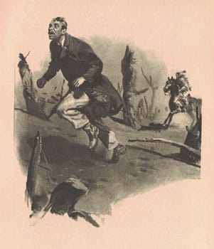 Black and white illustration shows a white man running from American Indian. Drawing shows an American Indian in the Old West. Vintage black and white picture shows adventure life in the previous century.