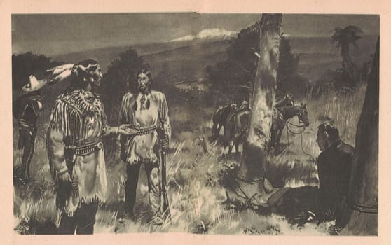 Black and white illustration shows American Indians and a chained white man. Drawing shows an American Indians in the Old West. Vintage black and white picture shows adventure life in the previous century.