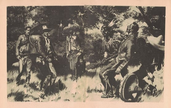Black and white illustration shows a skirmish between an American Indian and white men. Drawing shows an American Indian in the Old West. Vintage black and white picture shows adventure life in the previous century.