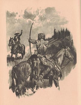 Black and white illustration shows a man pointing a bow at another man. Drawing shows life in the Old West. Vintage black and white picture shows adventure life in the previous century.