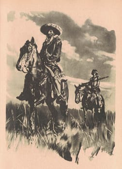 Black and white illustration shows two men on horseback. Drawing shows life in the Old West. Vintage black and white picture shows adventure life in the previous century.