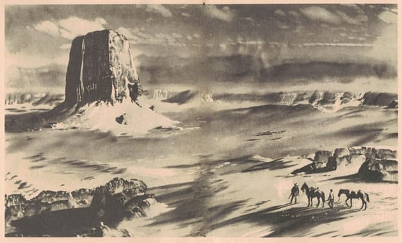 Black and white illustration shows men on horseback in the desert mountains. Drawing shows life in the Old West. Vintage black and white picture shows adventure life in the previous century.