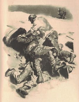 Black and white illustration shows a fight between men. Drawing shows life in the Old West. Vintage black and white picture shows adventure life in the previous century.