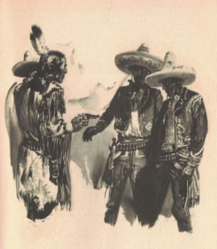 Black and white illustration shows an American Indian pointing a gun at two Mexicans. Drawing shows life in the Old West. Vintage black and white picture shows adventure life in the previous century.