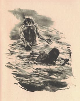 Black and white illustration shows men fighting each other with daggers in the water. Drawing shows life in the Old West. Vintage black and white picture shows adventure life in the previous century.