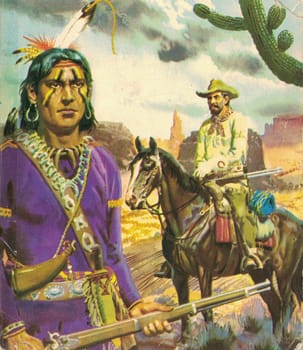 Color illustration shows a cowboy and an American Indian. Painting shows the Wild West. Vintage color picture shows adventure life in the previous century.