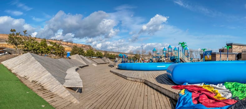 Odessa, Ukraine 18.02.2023. Playground of Fontanka beach in Odessa, Ukraine, on a sunny winter day