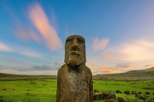 The ancient moai of Ahu Togariki, on Easter Island of Chile at sunrise