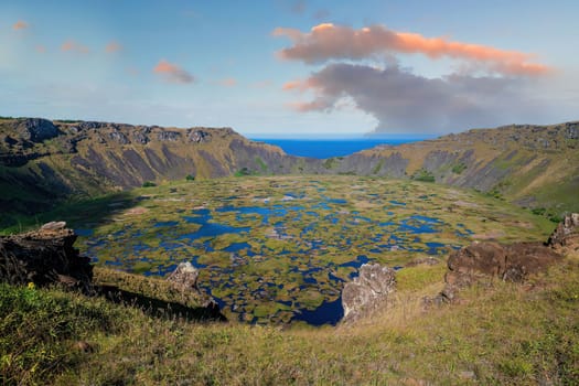 Rano Kau, the largest volcano on Easter Island at sunrise in Chile