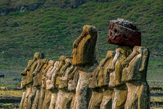 The ancient moai of Ahu Togariki, on Easter Island of Chile