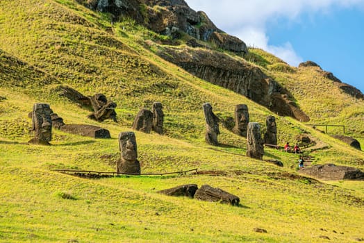 Moai set in the hillside at Rano Raraku  in Easter Island, Chile