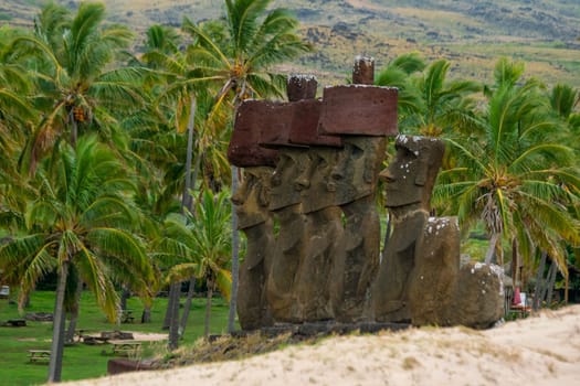 Moais standing on the Anakena Beach in Easter Island, Chile