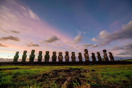 The ancient moai of Ahu Togariki, on Easter Island of Chile at sunrise