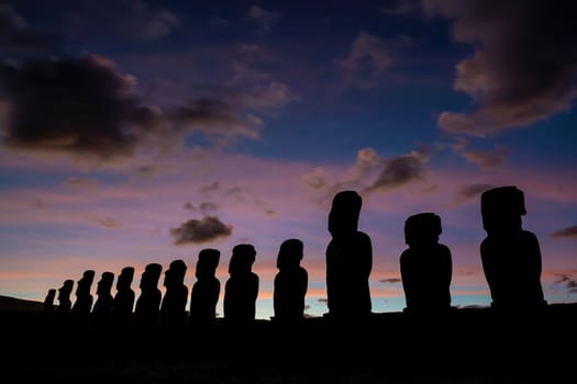 The ancient moai of Ahu Togariki, on Easter Island of Chile at sunrise