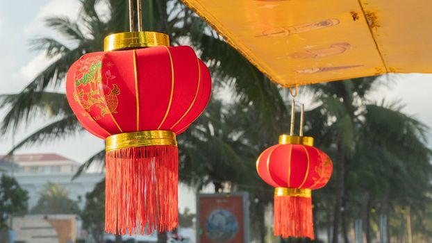 Asian red lanterns close up decor, protection from evil spirits