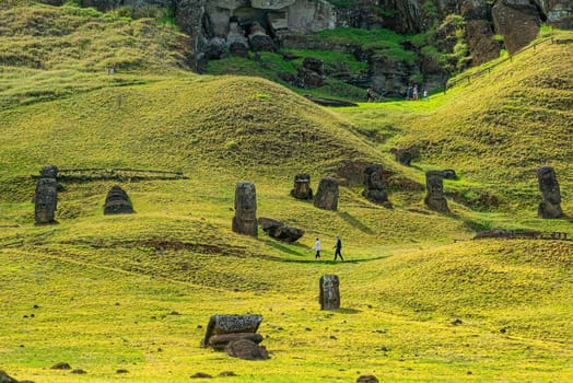Moai set in the hillside at Rano Raraku  in Easter Island, Chile