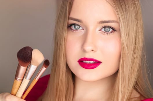 Beauty, makeup and cosmetics, face portrait of beautiful woman with make-up brushes, luxury cosmetic product, makeup artist or beauty blogger concept.