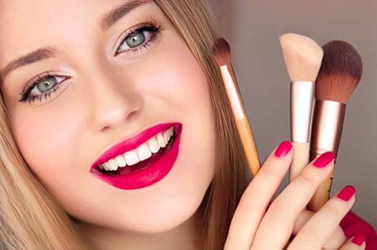 Beauty, makeup and cosmetics, face portrait of beautiful woman with make-up brushes, luxury cosmetic product, makeup artist or beauty blogger concept.