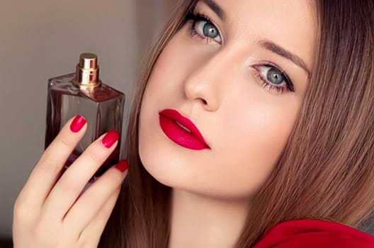 Beauty product, perfume and cosmetics, face portrait of beautiful woman with perfume or fragrance bottle of floral scent for luxury cosmetic, glamour and fashion.