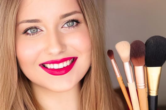 Beauty, makeup and cosmetics, face portrait of beautiful woman with make-up brushes, luxury cosmetic product, makeup artist or beauty blogger concept.