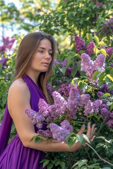 portrait of young woman with long hair outdoors in blooming lilac garden.